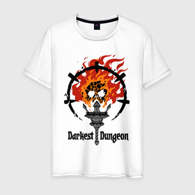 Мужская футболка хлопок с принтом Darkest Dungeon: skull logo. в Новосибирске, 100% хлопок | прямой крой, круглый вырез горловины, длина до линии бедер, слегка спущенное плечо. | Тематика изображения на принте: darkest dungeon | skull on fire | torch | знак | компьютерная ролевая игра | логотип | подземелье | поиск сокровищ | приключения | темнейшее подземелье | череп в огне | эмблема
