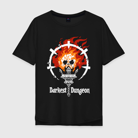 Мужская футболка хлопок Oversize с принтом Darkest Dungeon  skull logo. в Тюмени, 100% хлопок | свободный крой, круглый ворот, “спинка” длиннее передней части | Тематика изображения на принте: darkest dungeon | skull on fire | torch | знак | компьютерная ролевая игра | логотип | подземелье | поиск сокровищ | приключения | темнейшее подземелье | череп в огне | эмблема