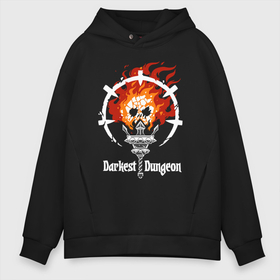 Мужское худи Oversize хлопок с принтом Darkest Dungeon  skull logo. в Белгороде, френч-терри — 70% хлопок, 30% полиэстер. Мягкий теплый начес внутри —100% хлопок | боковые карманы, эластичные манжеты и нижняя кромка, капюшон на магнитной кнопке | darkest dungeon | skull on fire | torch | знак | компьютерная ролевая игра | логотип | подземелье | поиск сокровищ | приключения | темнейшее подземелье | череп в огне | эмблема