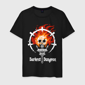 Мужская футболка хлопок с принтом Darkest Dungeon  skull logo. в Курске, 100% хлопок | прямой крой, круглый вырез горловины, длина до линии бедер, слегка спущенное плечо. | Тематика изображения на принте: darkest dungeon | skull on fire | torch | знак | компьютерная ролевая игра | логотип | подземелье | поиск сокровищ | приключения | темнейшее подземелье | череп в огне | эмблема