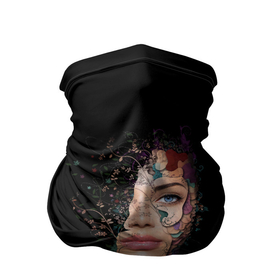 Бандана-труба 3D с принтом Лицо в цветах на черном фоне в Тюмени, 100% полиэстер, ткань с особыми свойствами — Activecool | плотность 150‒180 г/м2; хорошо тянется, но сохраняет форму | глаза | женщина | лицо | портрет | цветы