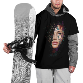 Накидка на куртку 3D с принтом Лицо в цветах на черном фоне в Тюмени, 100% полиэстер |  | Тематика изображения на принте: глаза | женщина | лицо | портрет | цветы