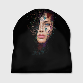 Шапка 3D с принтом Лицо в цветах на черном фоне в Тюмени, 100% полиэстер | универсальный размер, печать по всей поверхности изделия | Тематика изображения на принте: глаза | женщина | лицо | портрет | цветы