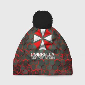 Шапка 3D c помпоном с принтом Umbrella Corporation соты , 100% полиэстер | универсальный размер, печать по всей поверхности изделия | corp | corporation | resident evil | umbrella | umbrella corporation | зомбиапокалипсис | зонт | игра