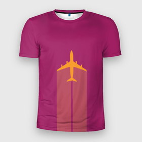 Мужская футболка 3D Slim с принтом В Пурпурном Небе в Курске, 100% полиэстер с улучшенными характеристиками | приталенный силуэт, круглая горловина, широкие плечи, сужается к линии бедра | небо | пурпурный | розовый | самолет | топ