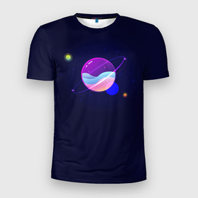 Мужская футболка 3D Slim с принтом Ночной Юпитер в Екатеринбурге, 100% полиэстер с улучшенными характеристиками | приталенный силуэт, круглая горловина, широкие плечи, сужается к линии бедра | звезды | космос | ночь | планета | юпитер