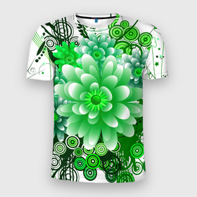 Мужская футболка 3D Slim с принтом Яркая пышная летняя зелень в Тюмени, 100% полиэстер с улучшенными характеристиками | приталенный силуэт, круглая горловина, широкие плечи, сужается к линии бедра | Тематика изображения на принте: бабочки | весна | зеленый | зелень | краски | лето | растения | цветы | яркий