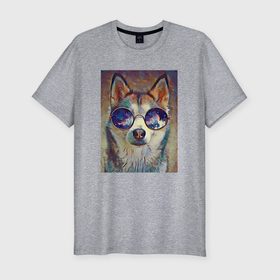 Мужская футболка хлопок Slim с принтом husky style в Санкт-Петербурге, 92% хлопок, 8% лайкра | приталенный силуэт, круглый вырез ворота, длина до линии бедра, короткий рукав | домашний питомец | картина | портрет | рисунок | собака | хаски
