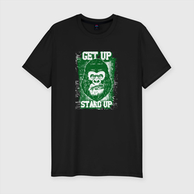 Мужская футболка хлопок Slim с принтом get up  stand up в Кировске, 92% хлопок, 8% лайкра | приталенный силуэт, круглый вырез ворота, длина до линии бедра, короткий рукав | голова | горилла | животное | зеленый | обезьяна | оскал