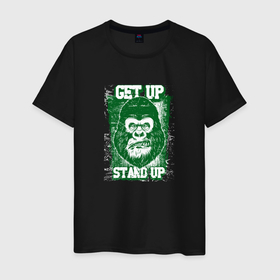 Мужская футболка хлопок с принтом get up  stand up в Екатеринбурге, 100% хлопок | прямой крой, круглый вырез горловины, длина до линии бедер, слегка спущенное плечо. | голова | горилла | животное | зеленый | обезьяна | оскал