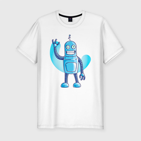 Мужская футболка хлопок Slim с принтом Приветливый робот в Тюмени, 92% хлопок, 8% лайкра | приталенный силуэт, круглый вырез ворота, длина до линии бедра, короткий рукав | андроид | привет | приветсвие | радость | робот