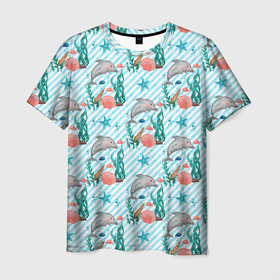 Мужская футболка 3D с принтом Дельфины  Море в Курске, 100% полиэфир | прямой крой, круглый вырез горловины, длина до линии бедер | вода | дельфины | море | океан | подводный мир | ракушки