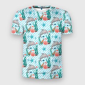 Мужская футболка 3D Slim с принтом Дельфины  Море в Кировске, 100% полиэстер с улучшенными характеристиками | приталенный силуэт, круглая горловина, широкие плечи, сужается к линии бедра | Тематика изображения на принте: вода | дельфины | море | океан | подводный мир | ракушки