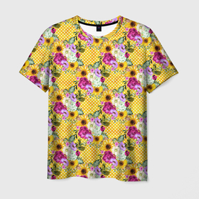 Мужская футболка 3D с принтом Подсолнухи и цветы в Петрозаводске, 100% полиэфир | прямой крой, круглый вырез горловины, длина до линии бедер | Тематика изображения на принте: паттерн | подсолнухи | поле | полевые цветы | цветочки | цветы