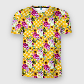 Мужская футболка 3D Slim с принтом Подсолнухи и цветы в Тюмени, 100% полиэстер с улучшенными характеристиками | приталенный силуэт, круглая горловина, широкие плечи, сужается к линии бедра | паттерн | подсолнухи | поле | полевые цветы | цветочки | цветы