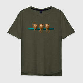 Мужская футболка хлопок Oversize с принтом Обезьяны на ветке в Санкт-Петербурге, 100% хлопок | свободный крой, круглый ворот, “спинка” длиннее передней части | Тематика изображения на принте: горилла | джунгли | животные | не вижу | не говорю | не слышу | обезьяна | три
