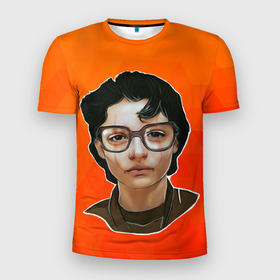 Мужская футболка 3D Slim с принтом Финн Вулфхард на оранжевом фоне в Новосибирске, 100% полиэстер с улучшенными характеристиками | приталенный силуэт, круглая горловина, широкие плечи, сужается к линии бедра | finn wolfhard | актер | брюнет | красивый парень | очень странные дела | финн вулфхард