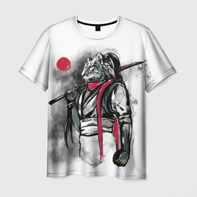 Мужская футболка 3D с принтом Тигр воин   Самурай с катаной на спине в Белгороде, 100% полиэфир | прямой крой, круглый вырез горловины, длина до линии бедер | Тематика изображения на принте: japan | katana | samurai | tiger | белый тигр | большой кот | бусидо | воин | графика | катана | красный | самурай | символ года | тигр | хуманизация | япония