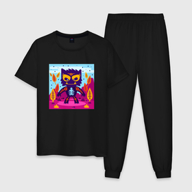 Мужская пижама хлопок с принтом кот инопланетянин в Курске, 100% хлопок | брюки и футболка прямого кроя, без карманов, на брюках мягкая резинка на поясе и по низу штанин
 | Тематика изображения на принте: alien | cat | внеземной | инопланетянин | кот | пришелец