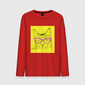 Мужской лонгслив хлопок с принтом Гламурная кошка , 100% хлопок |  | гламурная | жёлтый | кошка | очки | розовый | светская