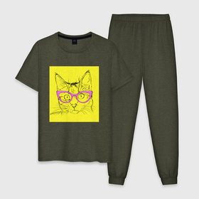 Мужская пижама хлопок с принтом Гламурная кошка , 100% хлопок | брюки и футболка прямого кроя, без карманов, на брюках мягкая резинка на поясе и по низу штанин
 | гламурная | жёлтый | кошка | очки | розовый | светская