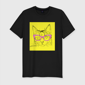 Мужская футболка хлопок Slim с принтом Гламурная кошка , 92% хлопок, 8% лайкра | приталенный силуэт, круглый вырез ворота, длина до линии бедра, короткий рукав | гламурная | жёлтый | кошка | очки | розовый | светская