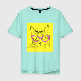 Мужская футболка хлопок Oversize с принтом Гламурная кошка , 100% хлопок | свободный крой, круглый ворот, “спинка” длиннее передней части | гламурная | жёлтый | кошка | очки | розовый | светская