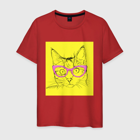 Мужская футболка хлопок с принтом Гламурная кошка , 100% хлопок | прямой крой, круглый вырез горловины, длина до линии бедер, слегка спущенное плечо. | гламурная | жёлтый | кошка | очки | розовый | светская
