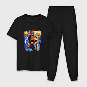 Мужская пижама хлопок с принтом Colorful Horror , 100% хлопок | брюки и футболка прямого кроя, без карманов, на брюках мягкая резинка на поясе и по низу штанин
 | abstraction | monster | skull | абстракция | брызги | краски | монстр | череп