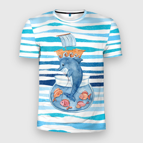Мужская футболка 3D Slim с принтом Дельфин  Море в Кировске, 100% полиэстер с улучшенными характеристиками | приталенный силуэт, круглая горловина, широкие плечи, сужается к линии бедра | Тематика изображения на принте: дельфин | море | морской | морской мир | океан | рыбки