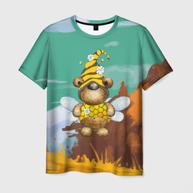 Мужская футболка 3D с принтом Медвежонок   пчела в Петрозаводске, 100% полиэфир | прямой крой, круглый вырез горловины, длина до линии бедер | костюм пчелы | медведь | медвежонок | милый | плеча | пчелы