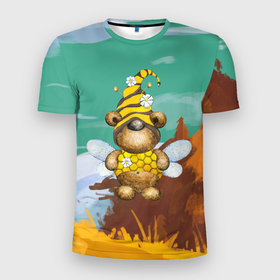 Мужская футболка 3D Slim с принтом Медвежонок   пчела в Белгороде, 100% полиэстер с улучшенными характеристиками | приталенный силуэт, круглая горловина, широкие плечи, сужается к линии бедра | Тематика изображения на принте: костюм пчелы | медведь | медвежонок | милый | плеча | пчелы