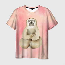 Мужская футболка 3D с принтом Ленивец сидит , 100% полиэфир | прямой крой, круглый вырез горловины, длина до линии бедер | ждать | ждун | зверек | ленивец | ожидание