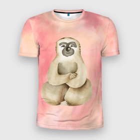Мужская футболка 3D Slim с принтом Ленивец сидит в Екатеринбурге, 100% полиэстер с улучшенными характеристиками | приталенный силуэт, круглая горловина, широкие плечи, сужается к линии бедра | Тематика изображения на принте: ждать | ждун | зверек | ленивец | ожидание
