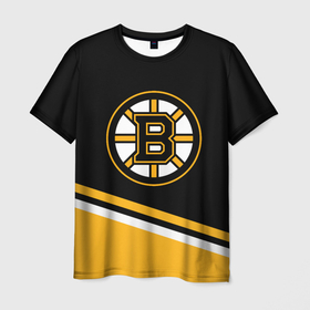 Мужская футболка 3D с принтом Бостон Брюинз, Boston Bruins Диагональные полосы в Тюмени, 100% полиэфир | прямой крой, круглый вырез горловины, длина до линии бедер | boston | boston bruins | bruins | hockey | nhl | usa | бостон | бостон брюинз | нхл | спорт | сша | хоккей | шайба