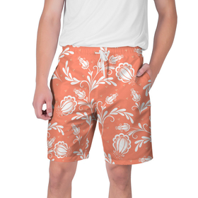 Мужские шорты 3D с принтом Красочный ЦвеТочный Узор в Тюмени,  полиэстер 100% | прямой крой, два кармана без застежек по бокам. Мягкая трикотажная резинка на поясе, внутри которой широкие завязки. Длина чуть выше колен | красочный | кружево | оранжевый | топ | узор | цветы