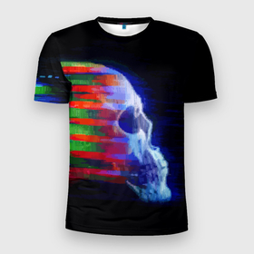 Мужская футболка 3D Slim с принтом Color glitch skull в Екатеринбурге, 100% полиэстер с улучшенными характеристиками | приталенный силуэт, круглая горловина, широкие плечи, сужается к линии бедра | color | fashion | glitch | hype | neon | skull | vanguard | авангард | глитч | мода | хайп | цвет | череп