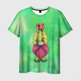 Мужская футболка 3D с принтом гном   кактус в Кировске, 100% полиэфир | прямой крой, круглый вырез горловины, длина до линии бедер | гном | гномик | кактус | прикол | растение | цветок
