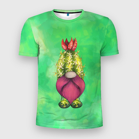 Мужская футболка 3D Slim с принтом гном   кактус в Белгороде, 100% полиэстер с улучшенными характеристиками | приталенный силуэт, круглая горловина, широкие плечи, сужается к линии бедра | гном | гномик | кактус | прикол | растение | цветок