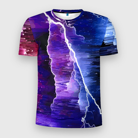 Мужская футболка 3D Slim с принтом Космическая молния, глитч в Курске, 100% полиэстер с улучшенными характеристиками | приталенный силуэт, круглая горловина, широкие плечи, сужается к линии бедра | color | expression | glitch | hype | lightning | глитч | молния | хайп | цвет | экспрессия