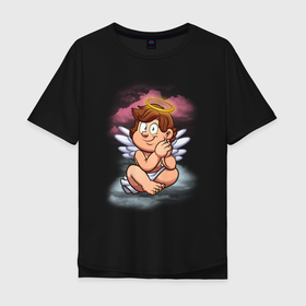 Мужская футболка хлопок Oversize с принтом Ангелочек в облаках в Курске, 100% хлопок | свободный крой, круглый ворот, “спинка” длиннее передней части | ангел | ангелочек | детские | небо | облака