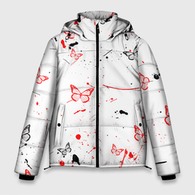 Мужская зимняя куртка 3D с принтом Бабочки в саду в Белгороде, верх — 100% полиэстер; подкладка — 100% полиэстер; утеплитель — 100% полиэстер | длина ниже бедра, свободный силуэт Оверсайз. Есть воротник-стойка, отстегивающийся капюшон и ветрозащитная планка. 

Боковые карманы с листочкой на кнопках и внутренний карман на молнии. | бабочки | брызги | девушке | красный | на 14 февряла | парнб | подарок | полосы | черный