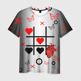 Мужская футболка 3D с принтом Крестики нолики сердцами в Новосибирске, 100% полиэфир | прямой крой, круглый вырез горловины, длина до линии бедер | Тематика изображения на принте: 14 февраля | love | белый | в тренде | влюбленные | градиент | день всех влюбленный | день святого валентина | для двоих | для девушки | для парня | контраст | красный | крес | крестики | любовь | ноль