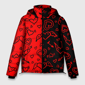 Мужская зимняя куртка 3D с принтом Черно Красные сердца с крылышками в Екатеринбурге, верх — 100% полиэстер; подкладка — 100% полиэстер; утеплитель — 100% полиэстер | длина ниже бедра, свободный силуэт Оверсайз. Есть воротник-стойка, отстегивающийся капюшон и ветрозащитная планка. 

Боковые карманы с листочкой на кнопках и внутренний карман на молнии. | angel | girls | heart | i love you | love | love you | red | valentine s day | ангел | валентинка | влюбленные | девушкам | день святого валентина | крылышки | крылья | любовь | орнамент | подарок | романтика | свадьба | сердечки