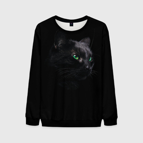 Мужской свитшот 3D с принтом Черна кошка с изумрудными глазами в Петрозаводске, 100% полиэстер с мягким внутренним слоем | круглый вырез горловины, мягкая резинка на манжетах и поясе, свободная посадка по фигуре | животные | звери | зеленые глаза | кот | кошка | кошки | черная кошка