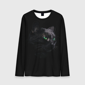 Мужской лонгслив 3D с принтом Черна кошка с изумрудными глазами в Курске, 100% полиэстер | длинные рукава, круглый вырез горловины, полуприлегающий силуэт | Тематика изображения на принте: животные | звери | зеленые глаза | кот | кошка | кошки | черная кошка