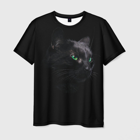 Мужская футболка 3D с принтом Черна кошка с изумрудными глазами в Белгороде, 100% полиэфир | прямой крой, круглый вырез горловины, длина до линии бедер | животные | звери | зеленые глаза | кот | кошка | кошки | черная кошка