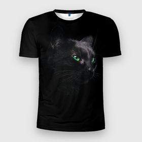 Мужская футболка 3D Slim с принтом Черна кошка с изумрудными глазами в Кировске, 100% полиэстер с улучшенными характеристиками | приталенный силуэт, круглая горловина, широкие плечи, сужается к линии бедра | животные | звери | зеленые глаза | кот | кошка | кошки | черная кошка