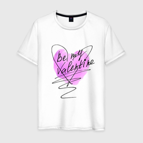 Мужская футболка хлопок с принтом Be my Valentine розовое сердце в Санкт-Петербурге, 100% хлопок | прямой крой, круглый вырез горловины, длина до линии бедер, слегка спущенное плечо. | Тематика изображения на принте: валентинка | влюбленным | день святого валентина | любовь | праздник | святой валентин | сердце