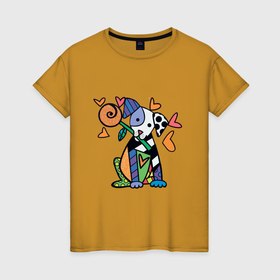 Женская футболка хлопок с принтом Dog Love в Тюмени, 100% хлопок | прямой крой, круглый вырез горловины, длина до линии бедер, слегка спущенное плечо | dog | love | конфета | паттерн | поп арт | узор